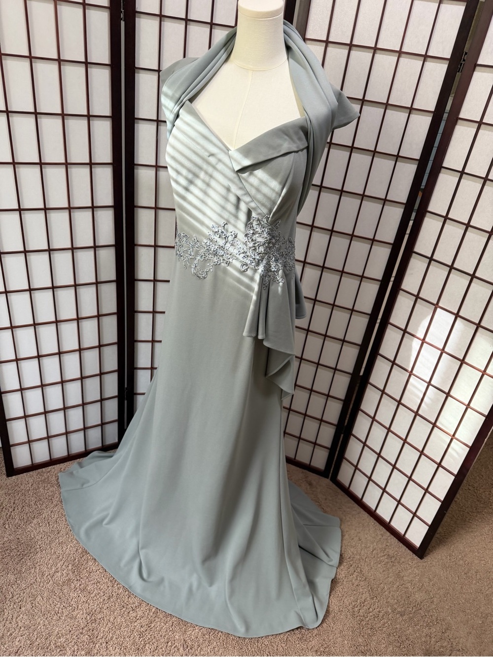 Rina diMontella Seaglass Trumpet Gown Off-Shoulder Straps Style RD 2821 size 18